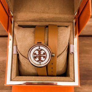 Tory Burch Reva Double Wrap Camel Colored Leather, Gold Tone Watch - with box